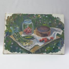 Винтажная картина Обед в поле, холст, масло, 40х60 см, без рамы СССР