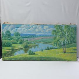 Винтажная картина Летняя река, холст, масло, 85х45 см, без рамы. СССР