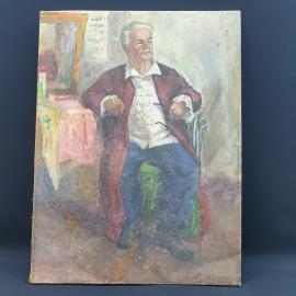 Винтажная картина Мужчина за столом, холст, акварель, 60х80 см, без рамы.