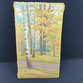 Винтажная картина Осенний парк, холст, масло, 45х72 см, без рамы. СССР
