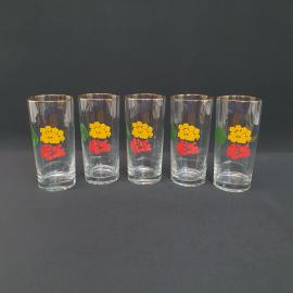 Винтажный набор из 5 стаканов, стекло золочение деколь 380 мл, СССР