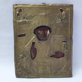 Винтажная икона Николай Чудотворец в окладе 24х30 см, дерево, дефекты.