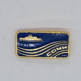 Значок СССР сочи, теплоход на волнах, прямоугольный, синий фон, советский и винтажный