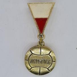 Значок СССР, локомотив, треугольник бело красный, круглый медальон, советский и винтажный
