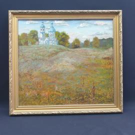 Винтажная картина Деревенька моя холст, масло, 60х68 см, Родионов В.А. СССР