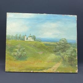 Винтажная картина Церковь на холме холст, масло, 45х55 см,  сход краски, без рамы. СССР