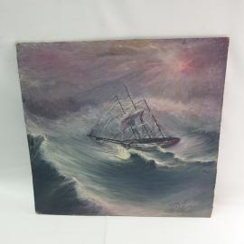 Винтажная картина Парусник во время шторма, холст, масло, 45х50 см, 2-х стороняя роспись, без рамы