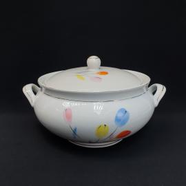 Винтажная супница на 3 литра, Барановка 1960-е г, фарфор, роспись, позолота - потертости, СССР.