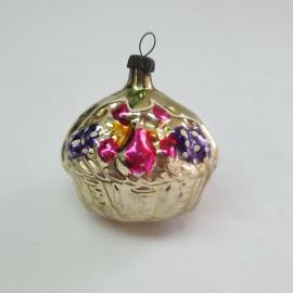 Винтажная елочная игрушка Корзинка 7х7 см, стекло, роспись, СССР.