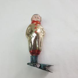 Винтажная елочная игрушка Ребенок в костюме клоуна 9 см, небольшой скол трубки. СССР.