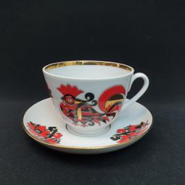 Винтажная чайная пара Красный петух 250 мл, ЛФЗ, фарфор, роспись, позолота, СССР.