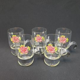 Винтажный набор стаканов с металлической ручкой 5 шт 250 мл, стекло, деколь, СССР.