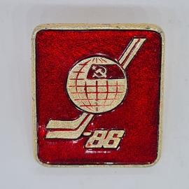 Значок СССР хоккей 86, эмаль, красное поле, глобус с серпом и молотом, советский и винтажный