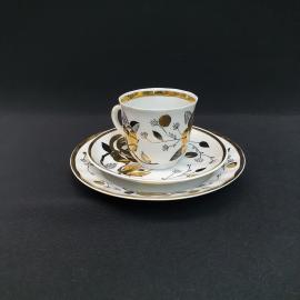 Винтажное трио кофейная чашка блюдце пирожковая тарелка Вербилки, костяной фарфор 200 мл, СССР