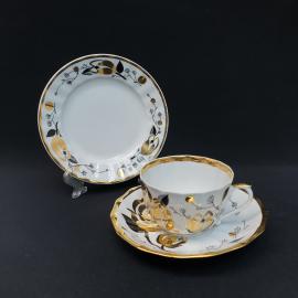 Винтажное трио чайная чашка блюдце пирожковая тарелка Вербилки, костяной фарфор 200 мл, СССР