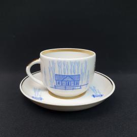 Винтажная чайная пара "Зима 1", Вербилки 1954-1965 г, фарфор, деколь, позолота, 250 мл, СССР.