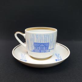 Винтажная чайная пара "Зима 2", Вербилки 1954-1965 г, фарфор, деколь, позолота, 250 мл, СССР.