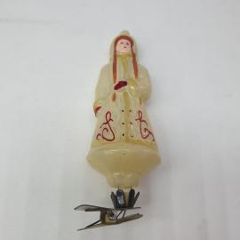 Винтажная елочная игрушка Снегурочка 4х12 см, стекло, роспись,  СССР.