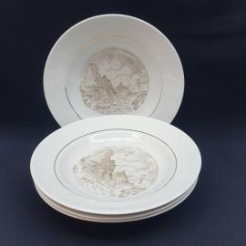 Набор из 4 суповых тарелок , Хайтинский ф-з, фарфор, деколь,позолота, СССР.