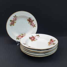 Винтажный набор из 6 суповых тарелок Добруш, фарфор деколь золочение 24 см, СССР