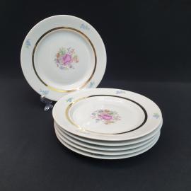 Винтажный набор из 6 десертных тарелок Пролетарий, фарфор деколь золочение 17 см, СССР