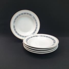 Винтажный набор из 5 суповых тарелок Пролетарий, фарфор деколь золочение 24 см, СССР