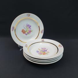 Винтажный набор из 5 суповых тарелок Пролетарий, фарфор деколь золочение 20 см, СССР