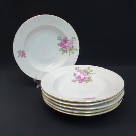 Винтажный набор из 6 суповых тарелок Princip, фаянс деколь золочение 23 см, Чехословакия