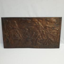 Чеканка пано СССР. Советская винтажная медная картина. Богатыри застолье 70х40 см. Русский сюжет.