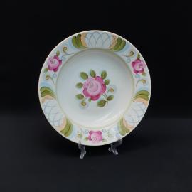 Винтажная суповая тарелка Конаково, фаянс роспись 24 см, дефекты, СССР