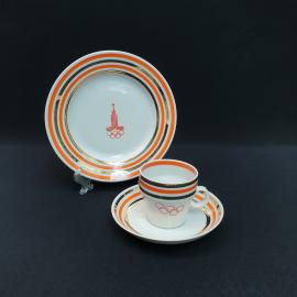 Винтажная  кофейное трио (пара и тарелка) Олимпиада-80 Вербилки, фарфор 120 мл, СССР