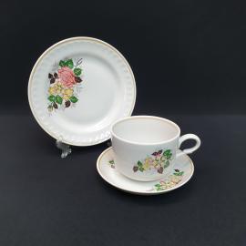 Винтажное чайное трио (чайная пара и пирожковая тарелка) Прокопьевский фарфор деколь 300 мл, ССС