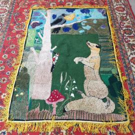 Винтажный ковер 160х110 см по басне Лиса и Ворона бахрома ручная работа.Эксклюзив.