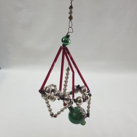 Винтажная елочная игрушка шар-стеклярус 8х15 см. стекло, роспись. СССР.