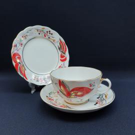 Винтажная чайная пара Бабочки ЛФЗ, фарфор деколь роспись позолота 250 мл. чайное трио СССР