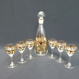 Винтажный набор штоф 600 мл и 6 рюмок 35 мл, стекло, позолота, Богемия, Чехословакия период СССР