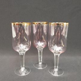 Винтажный набор из 3 бокалов 150 мл, марганцовое стекло, позолота, высота 15 см, СССР.