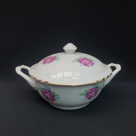 Винтажная супница Дулево 3-4 литра, фарфор, деколь, позолота, СССР.