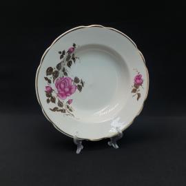 Винтажная суповая тарелка, Коростень, фарфор, деколь, позолота, СССР.