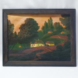 Винтажная картина Вечерний хутор гуашь 49х62 см деревянная рамка