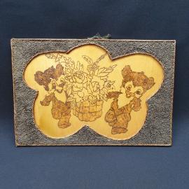 Винтажное панно Медвежата выжигание по дереву, металл 35х23 СССР