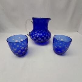 Винтажный набор кувшин 2 литра и 2 стакана 300 мл, цветное стекло, ручная резка, СССР.