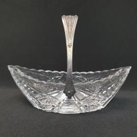 Винтажная конфетница ладья 21х9 см с мельхиоровой ручкой хрусталь 350 мл СССР