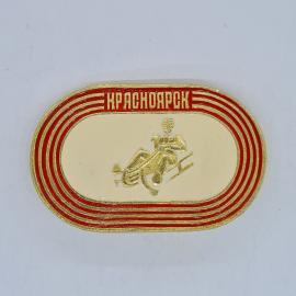 Значок ссср красноярск, золотой спортсмен на санях, овальная эмаль, советский и винтажный