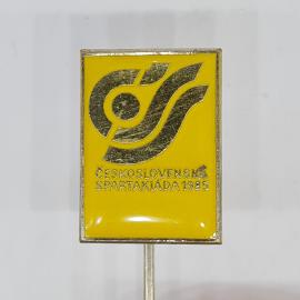 Значок СССР československ&aacute; spartaki&aacute;da 1985, желтый прямоугольник с эмблемой, советский и винтажный