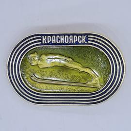 Значок СССР красноярск, лыжный трамплин, прыгающий спортсмен, эмаль, советский и винтажный