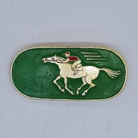 Значок СССР скаковая лошадь и жокей на зеленом фоне, прямоугольный, советский и винтажный