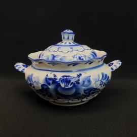 Винтажная супница Гжель, роспись, фарфор 2.5 л, СССР