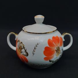 Сахарница фарфоровая винтажная, СССР. Цветы, роспись золотом.