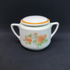 Сахарница фарфоровая винтажная, СССР. Цветы, оранжевая и зеленая кайма.